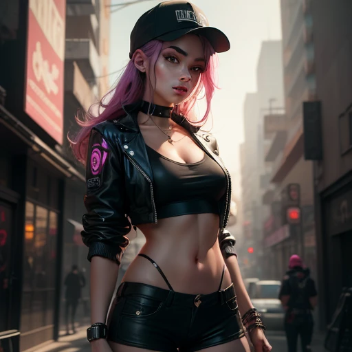Beauty in the hair, wearing hat, Cyberpunk-style shorts