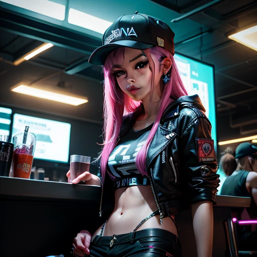 Beauty in the hair, wearing hat, Cyberpunk-style shorts