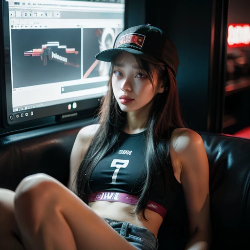 Beauty in the hair, wearing hat, Cyberpunk-style shorts
