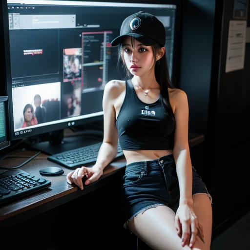 Beauty in the hair, wearing hat, Cyberpunk-style shorts