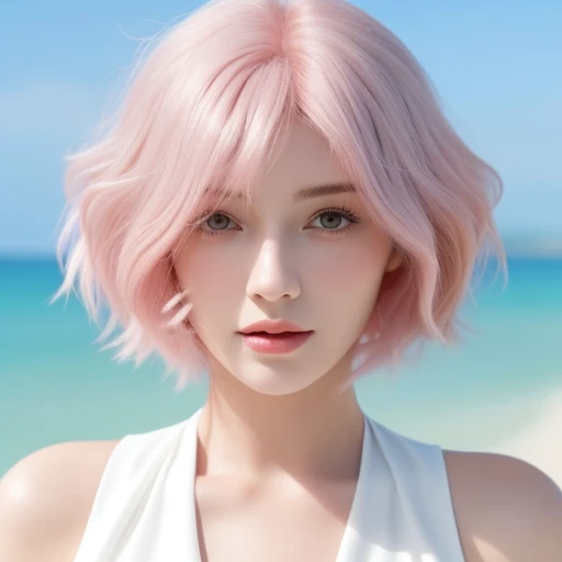 close-up,1girl,pink hair,white dress,Beach background