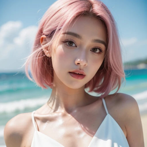 close-up,1girl,pink hair,white dress,Beach background