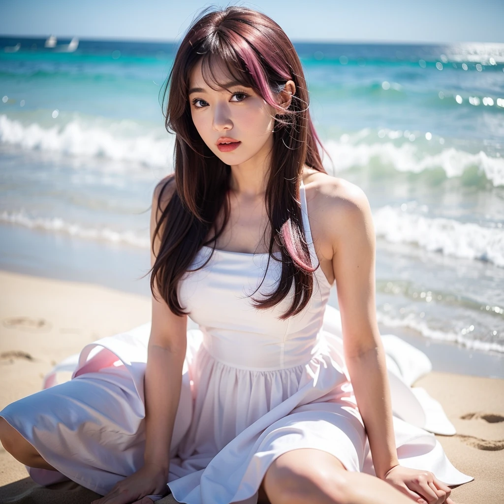 close-up,1girl,pink hair,white dress,Beach background