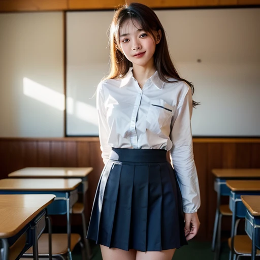 ((Japanese beautiful girl:1.3)) ((school uniform:1.4)) ((Panty shots:1.5)) ((high school)),((a dark blue skirt:1.3)) ((in class room:1.3)) ((being thin_The cloth:1.4)) ((Randomly Poses:1.3)) ((perspired:1.5))((Ruddy face:1.4)) ((:1.4)) (( close-up:1.2)) Best quality at best,masterpiece,Ultra High Resolution,(Realistic:1.4),RAW photogr,(Authentic texture:1.3),(cinematic grain:1.3),in a panoramic view, portrait,Very wide footage,big breasts thin waist,cow boy shot,(in the darkness nigth, dark deep shadows, low tune, cold light,) Night,(()),Tears flowed,,dust,Tyndell effect,(expression),1 Girl,Beautiful and detailed eyes and face,White collar,with brown eye,(( brown hair :1.2)) ((Full body:1.3)) (( Smile :1.3))