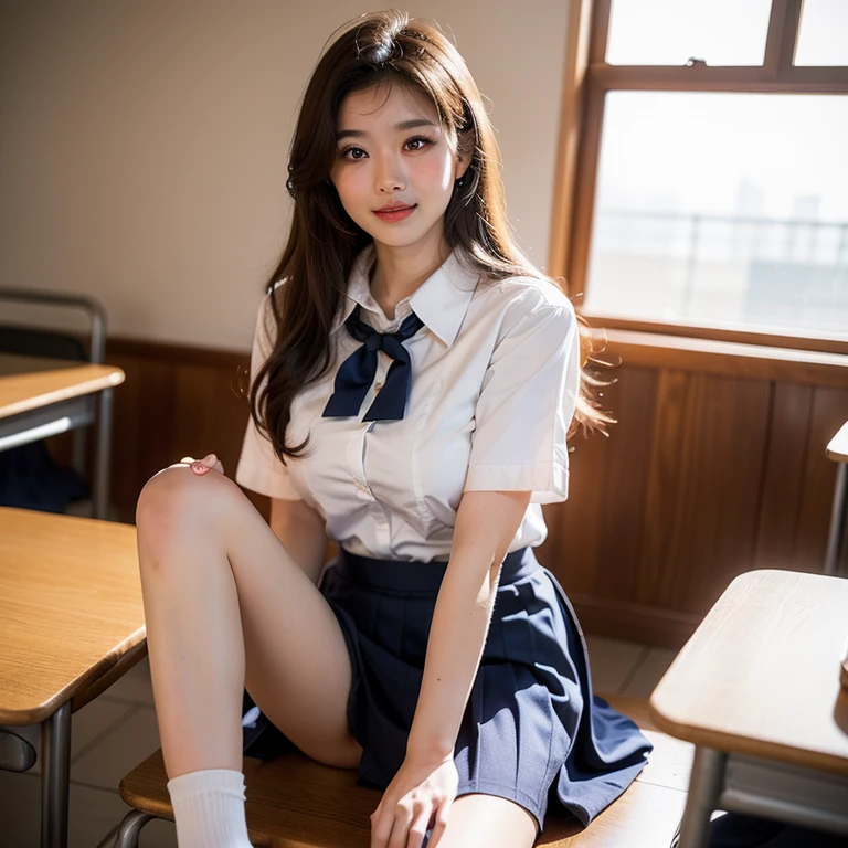 ((Japanese beautiful girl:1.3)) ((school uniform:1.4)) ((Panty shots:1.5)) ((high school)),((a dark blue skirt:1.3)) ((in class room:1.3)) ((being thin_The cloth:1.4)) ((Randomly Poses:1.3)) ((perspired:1.5))((Ruddy face:1.4)) ((:1.4)) (( close-up:1.2)) Best quality at best,masterpiece,Ultra High Resolution,(Realistic:1.4),RAW photogr,(Authentic texture:1.3),(cinematic grain:1.3),in a panoramic view, portrait,Very wide footage,big breasts thin waist,cow boy shot,(in the darkness nigth, dark deep shadows, low tune, cold light,) Night,(()),Tears flowed,,dust,Tyndell effect,(expression),1 Girl,Beautiful and detailed eyes and face,White collar,with brown eye,(( brown hair :1.2)) ((Full body:1.3)) (( Smile :1.3))