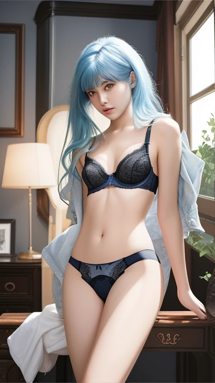 1girl,blue hair,Real People,black lace underwear,study,realistic