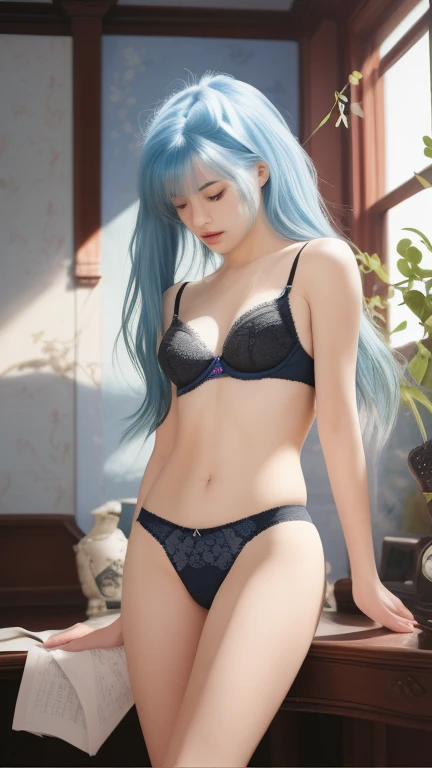 1girl,blue hair,Real People,black lace underwear,study,realistic