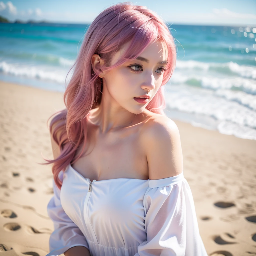 close-up,1girl,pink hair,white dress,Beach background