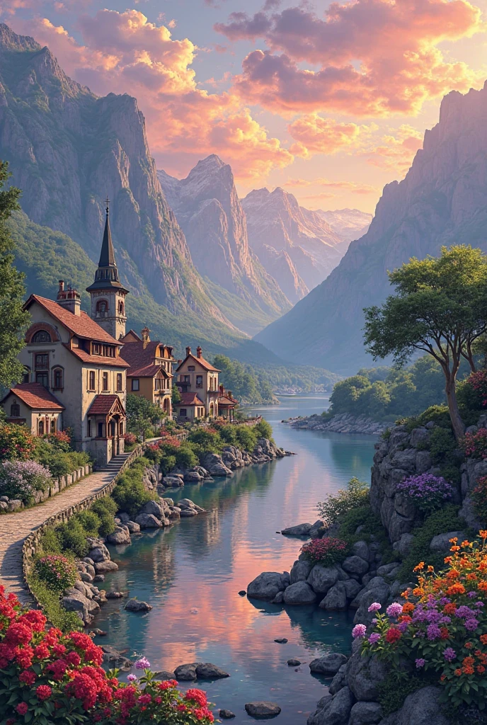 A small town by the river, mountains in the background, colorful floral flowers, detailed landscape, beautiful natural landscapes, atmospheric lighting, scorching sunset, warm colors, practical, photographic, detailed foliage, complex buildings, cobblestone street, charming country house, vibrant colors, lush vegetation, reflections in the water,  picturesque, idyllic, artwork, photos, 8K, penstilo, anime style