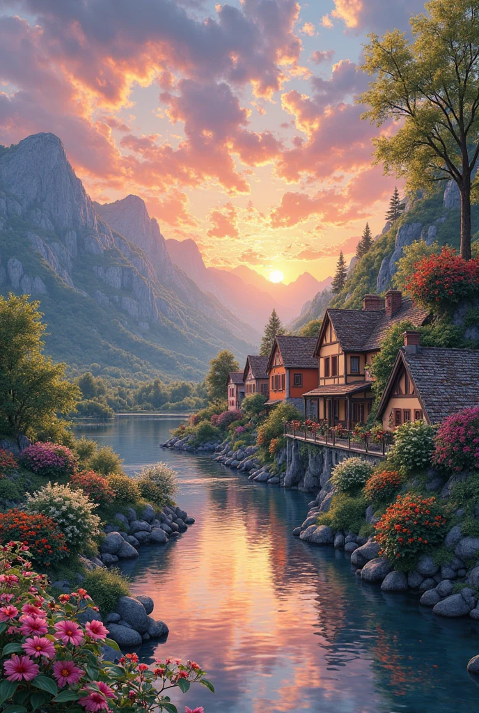 A small town by the river, mountains in the background, colorful floral flowers, detailed landscape, beautiful natural landscapes, atmospheric lighting, scorching sunset, warm colors, practical, photographic, detailed foliage, complex buildings, cobblestone street, charming country house, vibrant colors, lush vegetation, reflections in the water,  picturesque, idyllic, artwork, photos, 8K, penstilo, anime style