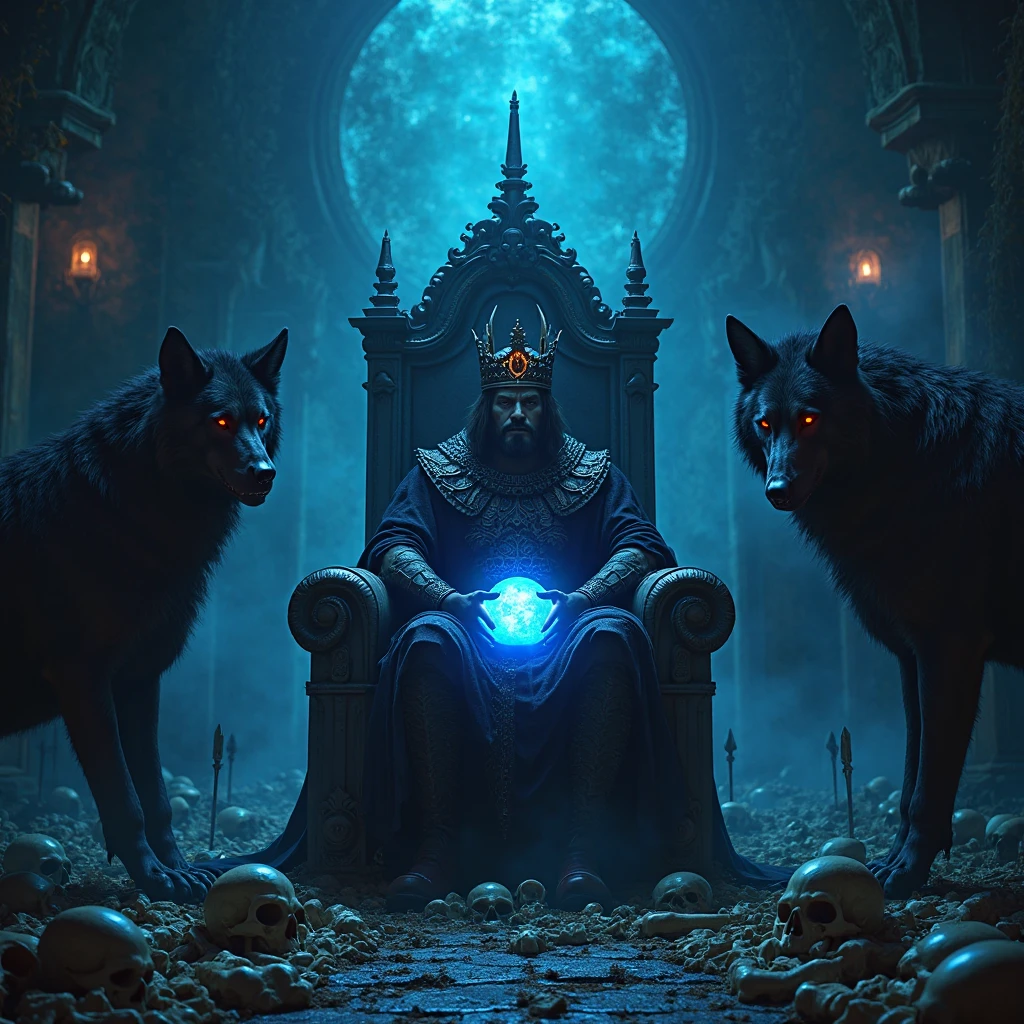 "A dark, ominous fantasy scene in a gothic throne room, lit only by an eerie blue glow. A powerful dark king sits on a majestic throne surrounded by skulls and spears. In his lap, he holds a glowing blue orb of Earth. His crown shines with a mystical blue light, and has a carved letter 'M' prominently on the top. The overall atmosphere is ancient, moody, and painted in the style of an old Renaissance masterpiece.

Behind the throne, instead of a single wolf, there are 3 to 5 massive, terrifying black wolves with glowing red eyes, exuding menace and supernatural presence. The camera angle is pulled back to reveal more of the skeletal battlefield floor — a symbol of wars won and enemies defeated. The composition is cinematic, hyper-detailed, and highly realistic, blending dark fantasy with classical painting techniques."