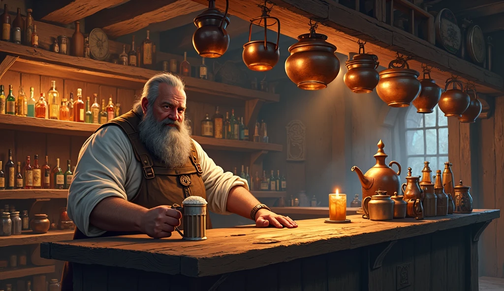 "Medieval tavern bar counter, burly bartender polishing a mug, shelves filled with colorful bottles, copper pots hanging overhead, rustic wooden details, warm lighting, fantasy style, highly detailed"
