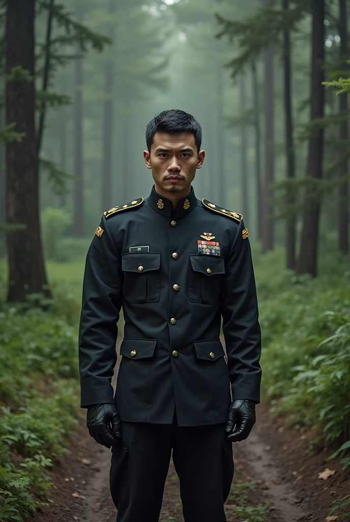 39-year-old male , Asian, clean-shaven,  black military uniform , in front of the forest, special forces, 