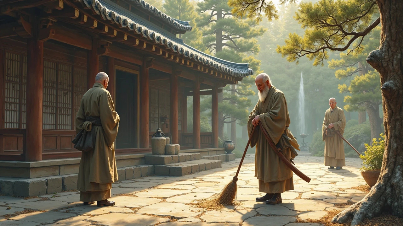 An elderly master gently sweeping the courtyard at dawn, ignoring a shouting disciple behind him.