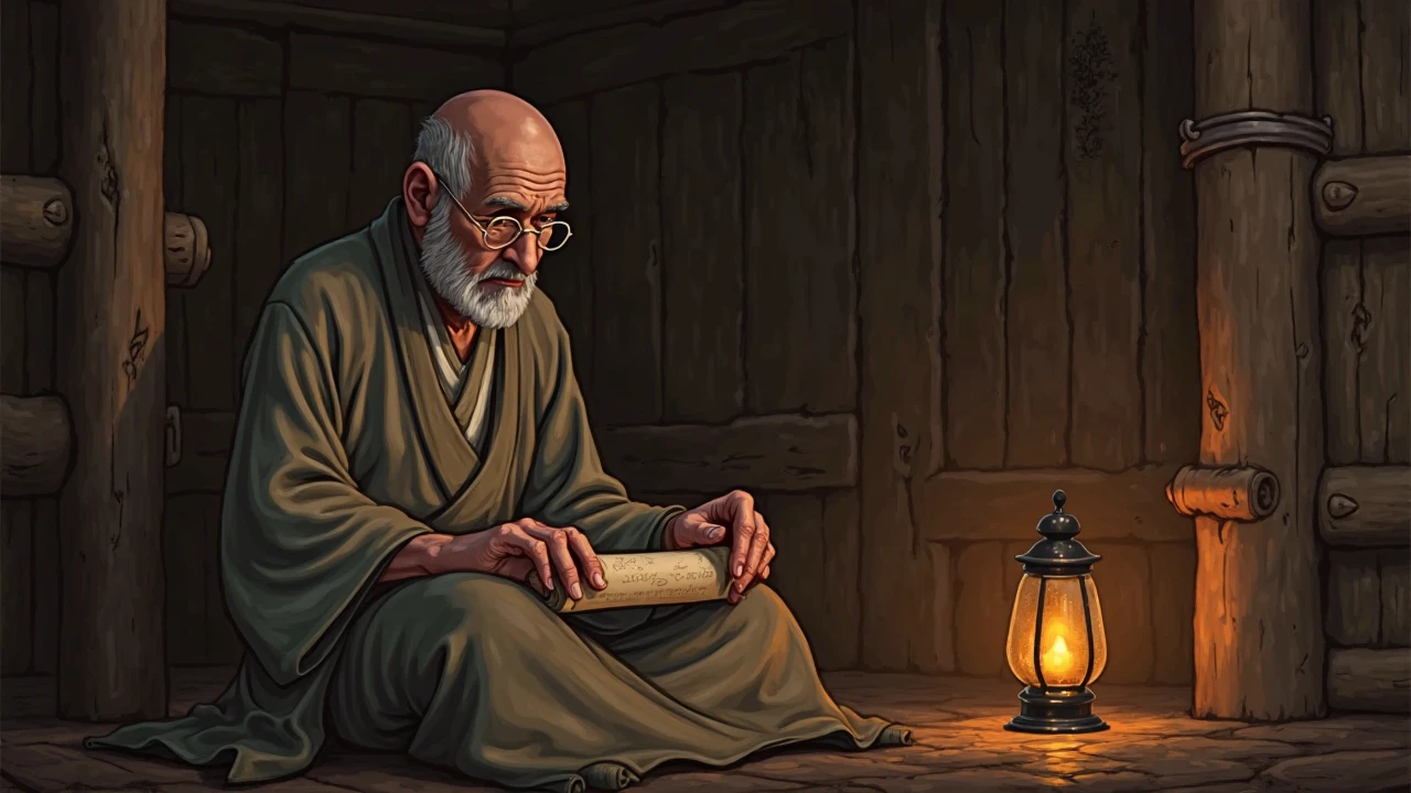 A quiet elderly scholar sitting beside a lantern in a wooden house, gently closing a scroll, eyes filled with understanding.