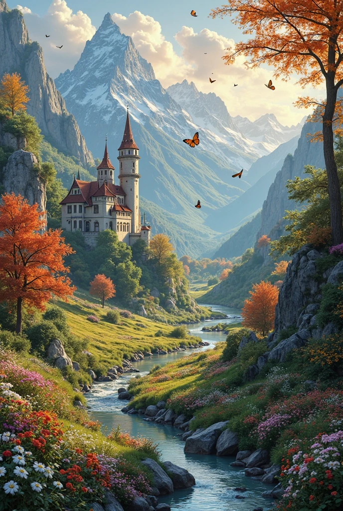 Majestic and enchanting landscape depicting a serene valley nestled between towering snow-capped mountains and a whimsical castle. Vivid colors bring the trees and flowers to life, creating a picturesque garden-like scenery. A gentle stream flows through the lush greenery, while colorful butterflies flutter gracefully in the air. The warm, golden light of the setting sun bathes the environment, creating a peaceful and magical atmosphere, with softly defined shadows enhancing the depth of the scene. The panorama captures a harmonious blend of nature and fairy-tale architecture, offering a breathtaking view that evokes a sense of wonder and tranquility.