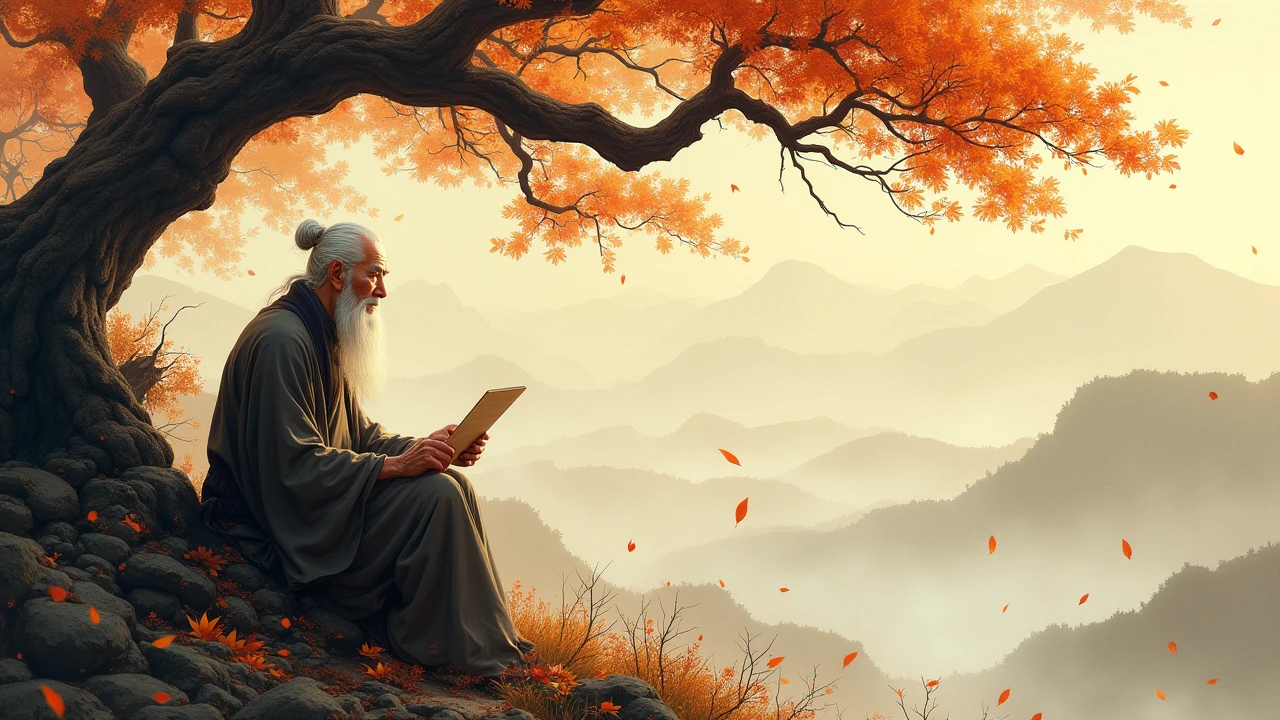 A wise elderly man with white beard, sitting alone under an old pine tree, holding a bamboo scroll and gazing into the distance. He looks calm, but sorrowful. Falling autumn leaves and foggy mountain layers in the background. Use a deep golden-brown palette, brush-like outlines, and emotional lighting inspired by Eastern painting traditions.