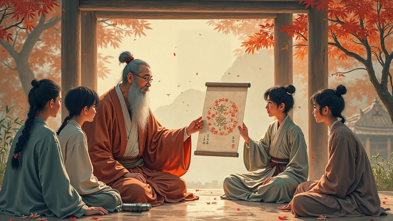 A classical scene of an old Eastern scholar sitting in front of a group of young students under a pagoda roof. He points at a painting of two faces – one smiling, one crying. The students look confused, while the master’s eyes are calm and knowing. Background includes scrolls, bamboo, and a peaceful koi pond. Use warm ink-wash color tones with detailed facial expressions.
