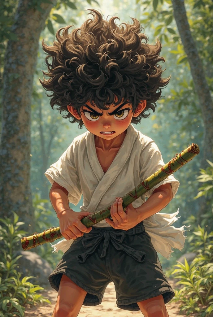 Create a drawing for an angry curly haired young boy holding a bamboo shooter, wearing white sando and black short
