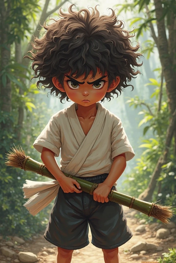 Create a drawing for an angry curly haired young boy holding a bamboo shooter, wearing white sando and black short
