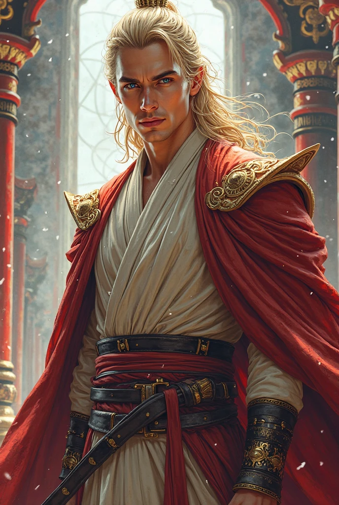 30-YEAR-OLD MALE, Cloakeless emperor dress,rey, blonde with blue eyes, Manhwa style .