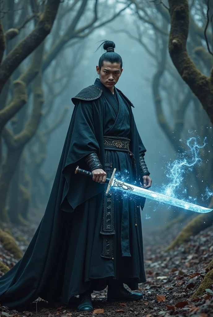 A wide-angle shot capturing the full body of a handsome Asian warrior in a long black martial robe with a floor-length black cloak, revealing his striking features with a determined and cool expression. Embracing the essence of an ancient Chinese martial arts hero, his full body is prominently displayed against a backdrop of a dark, eerie fantasy forest with intricate details. He holds a powerful glowing sword from which an enchanting aura radiates in a mesmerizing and graceful manner. Around his arm and the sword, numerous small luminous runes and ancient characters slowly swirl, each glowing with its own soft blue light as if alive and imbued with mysterious power. Ultra-detailed with cinematic lighting, 4K resolution.

