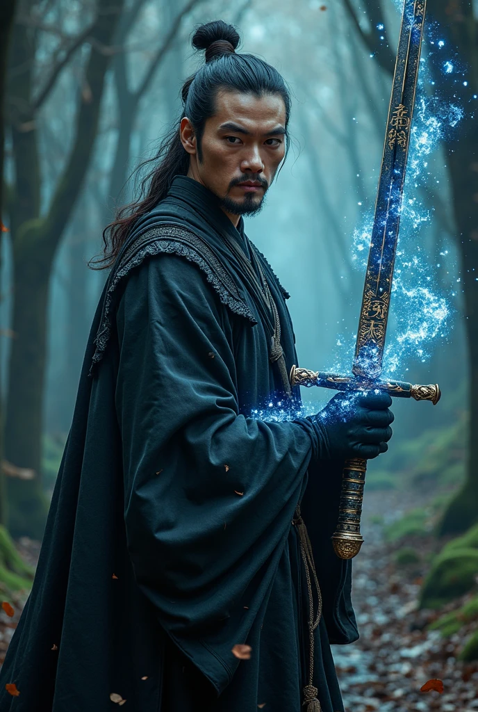 A wide-angle shot capturing the full body of a handsome Asian warrior in a long black martial robe with a floor-length black cloak, revealing his striking features with a determined and cool expression. Embracing the essence of an ancient Chinese martial arts hero, his full body is prominently displayed against a backdrop of a dark, eerie fantasy forest with intricate details. He holds a powerful glowing sword from which an enchanting aura radiates in a mesmerizing and graceful manner. Around his arm and the sword, numerous small luminous runes and ancient characters slowly swirl, each glowing with its own soft blue light as if alive and imbued with mysterious power. Ultra-detailed with cinematic lighting, 4K resolution.

