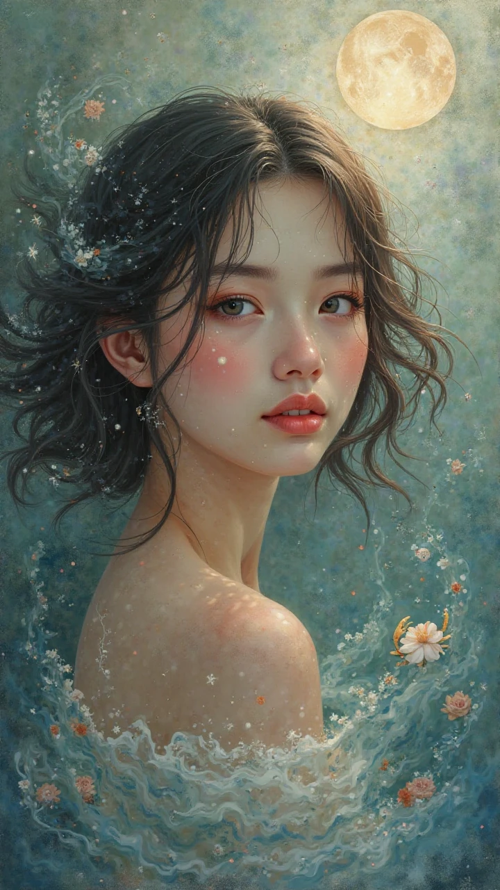 Create the Cancer zodiac sign image with a portrait , Transmit characteristic energy,symbols and colors of the sign 