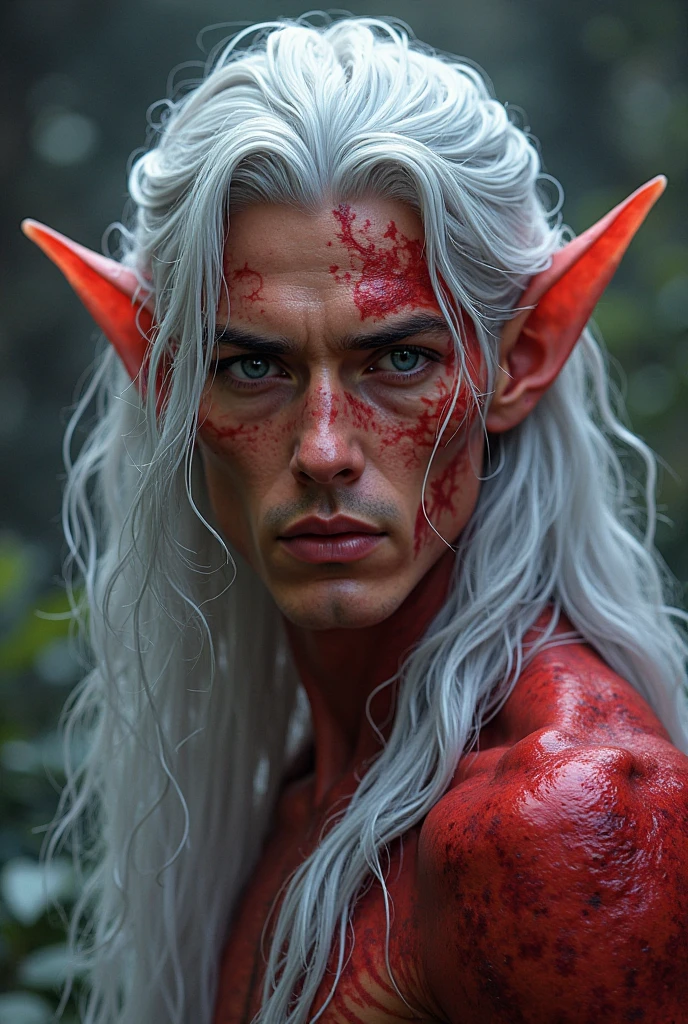 red skin male elf,long silver hair,handsome