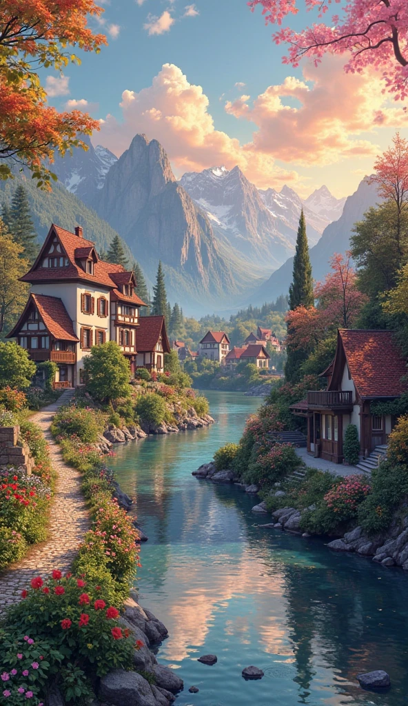 a small village by the river, mountains in the background, floral flowers colorful, detailed landscape, Beautiful natural landscapes, atmospheric lighting, scorching sunset, warm colours, practical, photopractical, Detailed Foliage, complex buildings, cobblestone street, Charming country house, swirly vibrant colors, lush vegetation, Still water reflections, Picturesque, idyllic, work of art, best qualityer, 8k, extremely detaild,anime styling