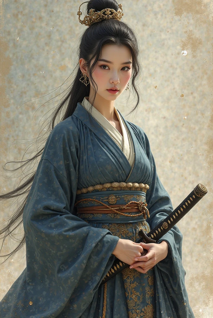 A beautiful Japanese woman in a samurai outfit, holding a katana sword 