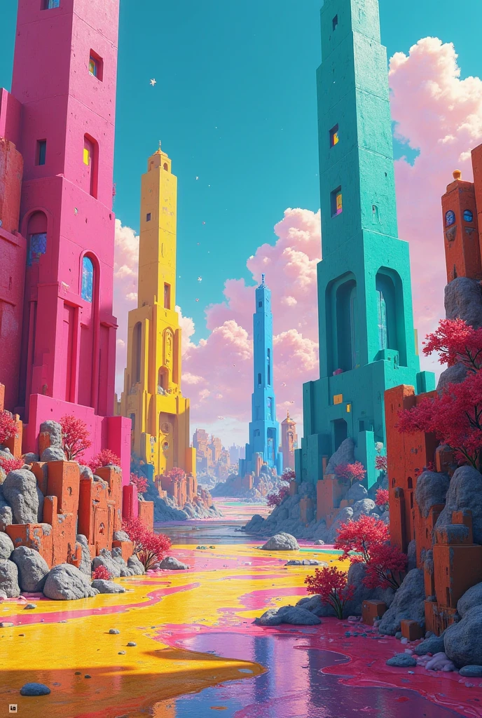 The image does not contain what I asked you for the video games are missing, silos y colores vivos, like magenta , amarrillo, royal blue, green, In addition, it must contain a large place