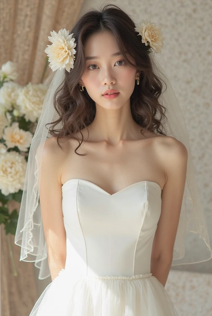 21 years old, Beautiful woman, Natural light, Wedding dress, Upper Body, Front view, bride, (highest quality, 8k, masterpiece), White flower, Delicate lace, bouquet, With bangs, A shy smile, (Embarrassing), looking at the camera, light makeup, Thin eyebrows, Natural Makeup, (light makeup), Thin eyebrows, Ultra-high resolution, Glowing Skin, (Light on the cheeks), Closed lips, (Pale pink), Petals fluttering