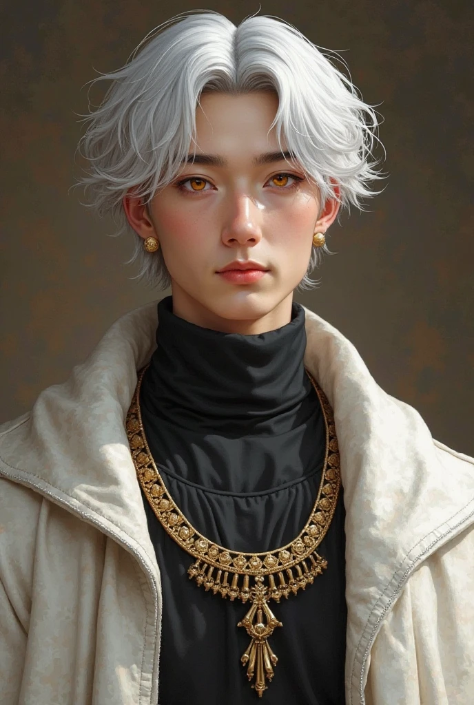 Short White wavy hair in neck length, white lashes. Calm facial expression with slightly smile, orange or Ruby thin almond eyes. Wearing tight black turtle neck shirt covered under the white cloak that has a Egypt necklace over it, the necklace wrapped on his shoulders.  He is in his 20 aged. 