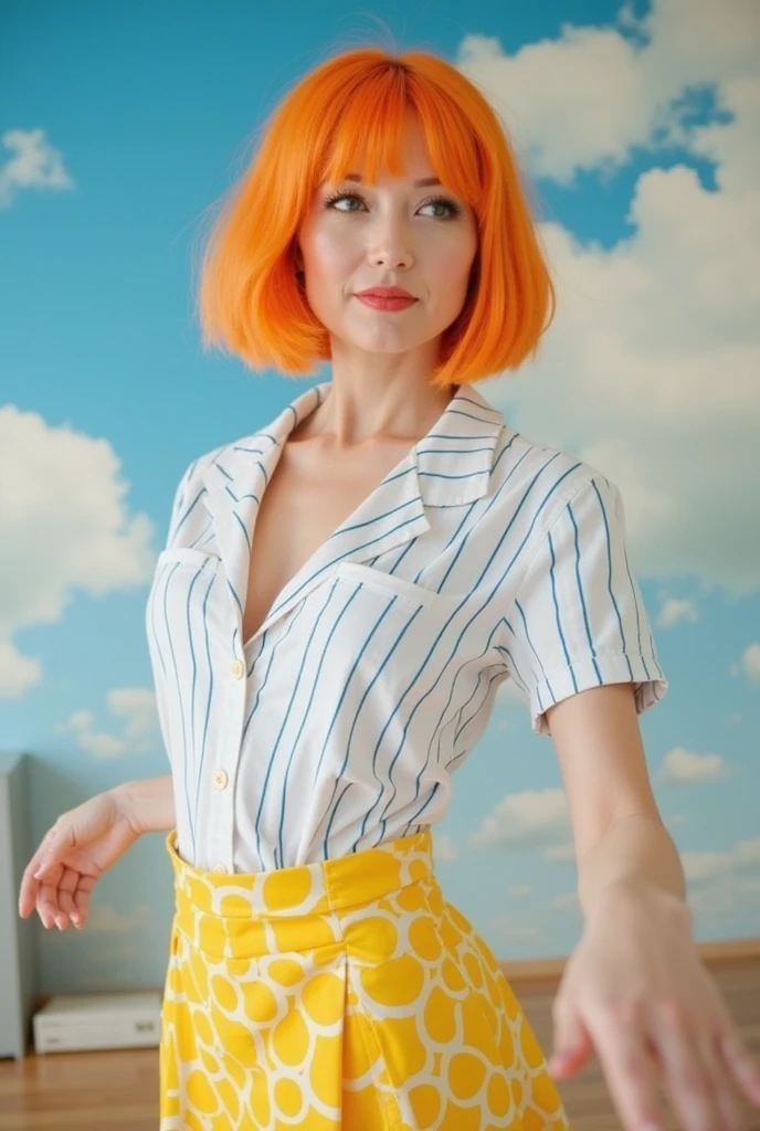 ((Best Quality, 8K, Masterpiece: 1.3)), 1 girl, Age: 16, Slim Abs Beauty: 1.3, (Bob Orange Hairstyle Short, Fringe, Glasses, Big Breasts: 1.2), Skirt: 1.1, Dress: 1.1, Super Thin Face, Delicate Eyes, Double Eyelids, Smile, Dangerous, Torn Clothes, Garter Belt, Long Leg Sock Torn, Long Stocking on Arms, Earrings, Neck Belt, Orange Hair Color,  Kpop, Crying, Above Clouds, Clouds, Stratosphere, No Panties, Crotch Clean, Topless, OVERCAST LIGHT