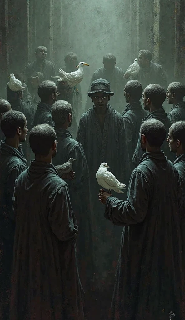 The townspeople mumbling with a milk crow in their hands in a group secreting themselves