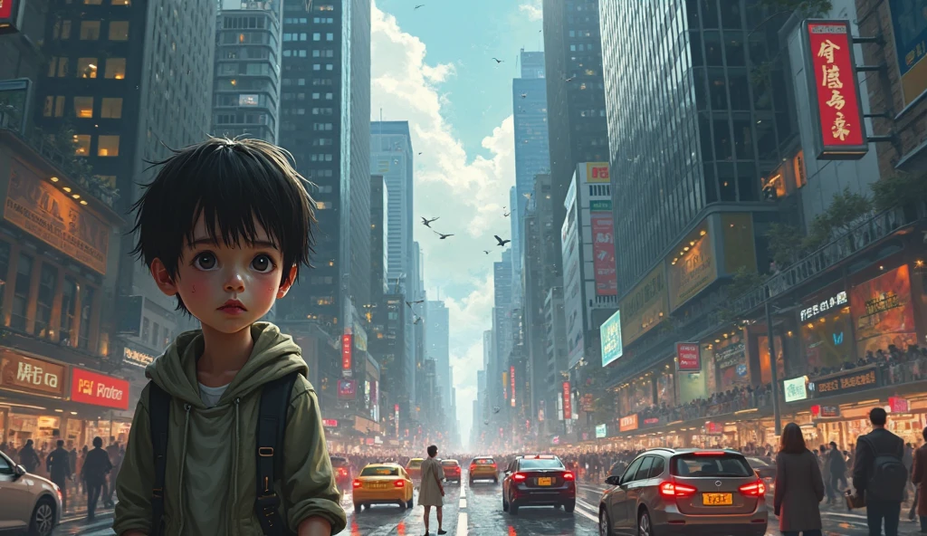 शहर की चकाचौंध और भीड़ से डरा-सहमा लड़का — ऊँची इमारतें, ट्रैफिक, अकेलापन।
