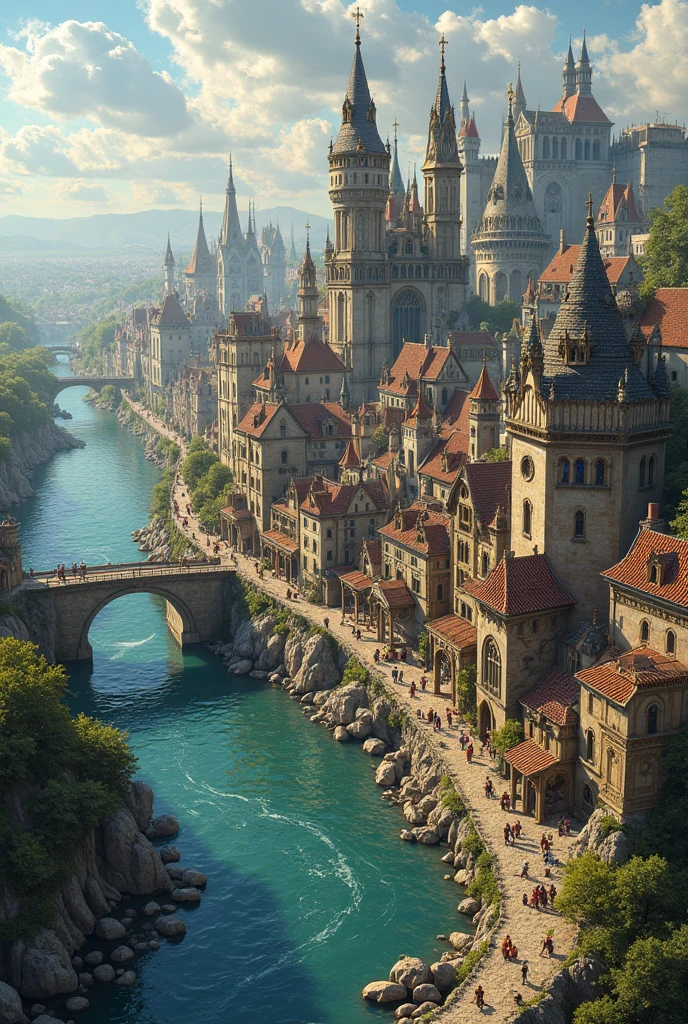 Make a city by building on the edge of a river in magical medieval style, medieval tradicional, medieval vitoriano e medieval tradicional