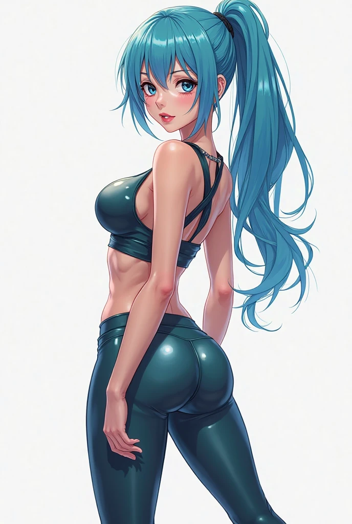 1 Girl, Blue eyes, blue hair, Drill hair, gwen \(League of Legends\), in bicycle shorts and bra, hair ornament, a high resolution, League of Legends, long hair, slightly open, X, X hair ornament, ass