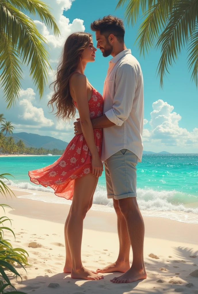45 year old Asian fat woman, beautiful chubby, wearing panties with big boobs, cleavage, big ass, hot body curves, kissing a handsome 21 year old guy on the beach, couple passionately kissing on the lips, sexy pose, man in shirt and pants
