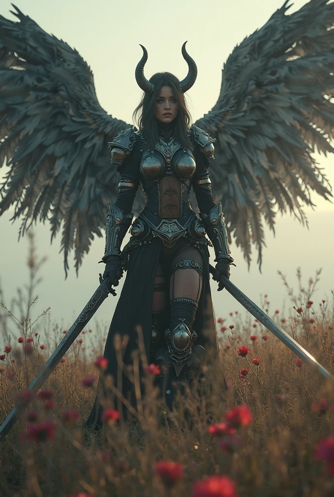 leader of archangel lucifer,war effect,REAL - style image of a woman with a dark sword in a field, cyberpunk art inspired by Leng Mei, cgsociety contest winner, fantasy art, beautiful Mistresses angel girl, angel knight girl, as a mystical valkyrie, battle angel, angel in sexy bondage garter strap, mechanized valkyrie girl, unreal engine 4k wallpaper, wraith from apex legends, epic divine angel  wings