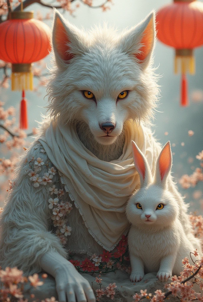  wolf boy， hairy guy，Traits of a Young Ren ，white hair， gray skin，white arm ，scarf，Rabbit boy，hairy guy， s， white hair ， white skin ，Hanfu，Chinese New Year，edelweiss ，Osmanthus fragrans，Red Lantern