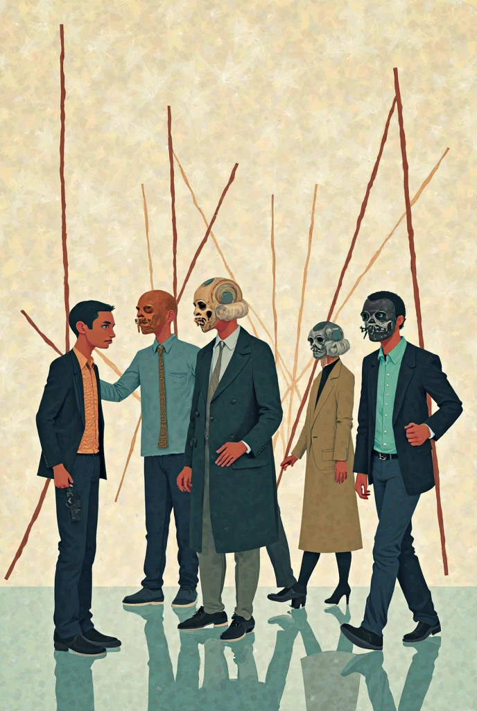 <lora:21MahendraNazar:1>a group of people with masks and a cat,