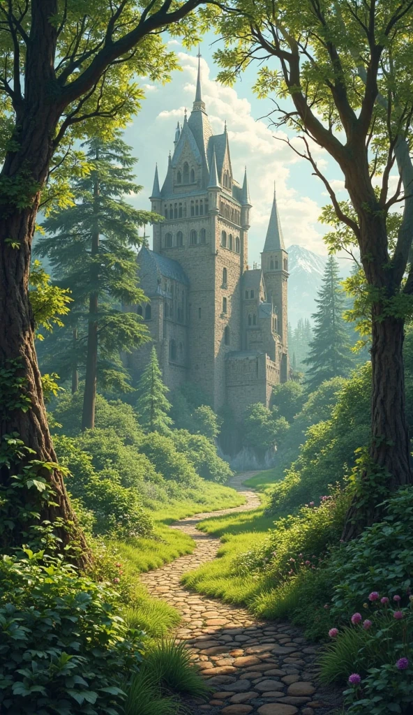 tree, forest, nature, scenery, bush, grass,  tree, outdoors, tree shade, branch, path, jungle, plant, foliage, day, under tree, sunlight, ancient castle in forest, 