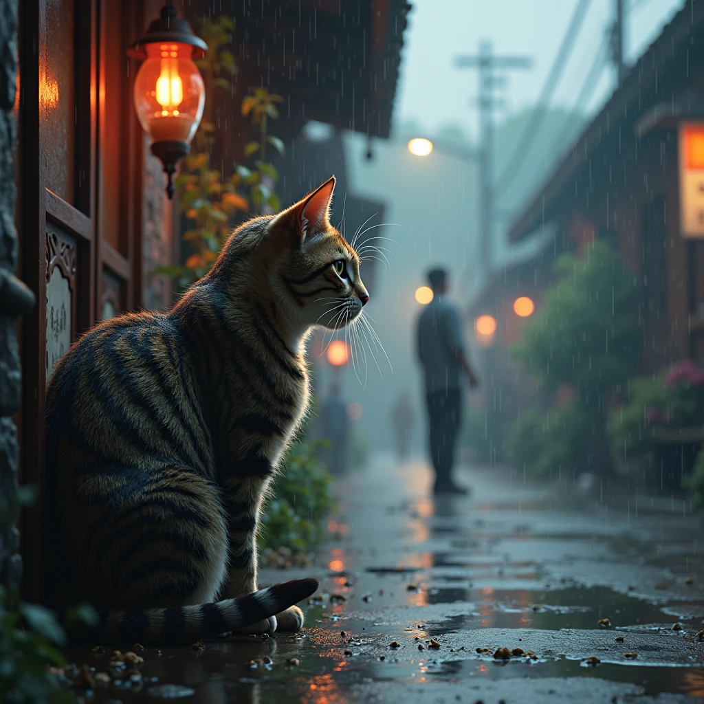 (best quality,8k,detail, mahakarya:1.2), (gaya anime),is very detailed, hdr , UHD , studio lighting, ultra-fine painting, fokus tajam, physical-based rendering, extreme detail description, profesional, vivid colors,  bokeh , potret, concept artist illustration, warm color palette, dramatic lighting,Heavy  hujan ,  hujan ,  hujan drops, a cat taking shelter from the  hujan  under the eaves, the cat stares at passers-by.(side view),