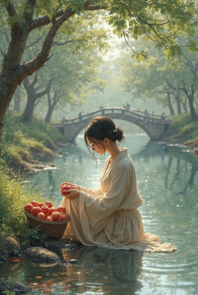 “Wahi ladki nadi ke kinare baithi hai, apni basket se ek apple nikaal kar nadi ke thande paani mein wash kar rahi hai. Peeche green trees aur halka sa bridge bhi dikh raha hai.”