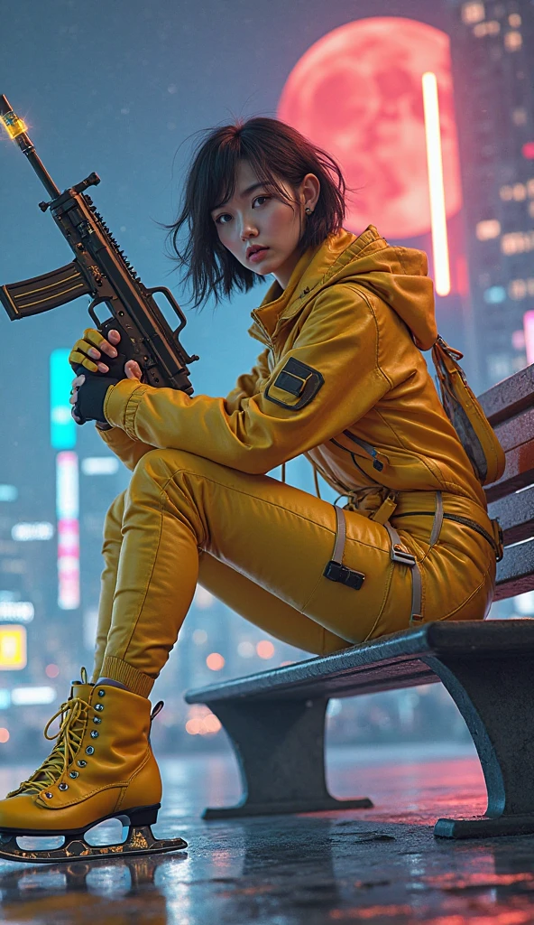 (masterpiece, best quality, beauty, best ratio, best shadows,best Illustration, wallpaper size,1080×2400 pixels,detailed face,pastel colors, futuristic theme) 
uhd, korean beautiful female, full posture fully visible, shining blue eyes, windblown short hair, wear dominant yellow camo colour and yellow strip full  armory leather, yellow high heel ice skates, hand holding futuristic neon rifle emits gold energy, sitting on a bench in front of a futuristic city with many colorfull glass houses. outer space, big neon billboard, big red  moon seen on far away. use the RenderMan renderer.digital art.High definition, high contrast, high color saturation ,128k,cinematic lighting, intricate,cinematic advertising photograph,cinema lens,high res.