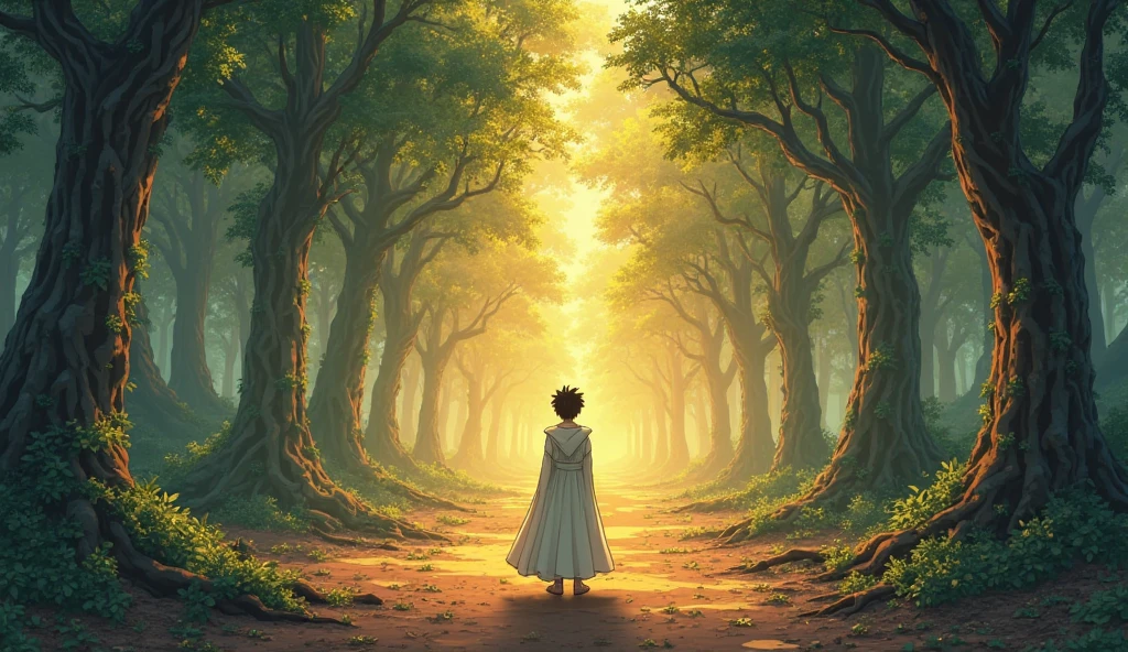 A young prince stands at a crossroads in a mystical, sprawling Ghibli-style forest. To his right, a serene, glowing path leads to a radiant, sacred temple bathed in golden light, symbolizing 'Sat-niyantran' (truthful control). To his left, a dark, chaotic trail winds into a shadowy, crumbling kingdom engulfed in flames and sorrow, symbolizing uncontrolled power leading to destruction. The prince’s cloak subtly splits into white on one side and crimson on the other, showing his inner conflict. Ethereal winds swirl around him, carrying whispers of destiny and choice, while ancient trees look on like silent sages. The scene is painted in the dreamy, emotionally rich Ghibli style, with lush, painterly textures and deep storytelling in every frame."

Style: Studio Ghibli, soft lighting, painterly texture, emotional atmosphere
Aspect Ratio: 16:9
Mood: Moral dilemma, epic, spiritual, symbolic