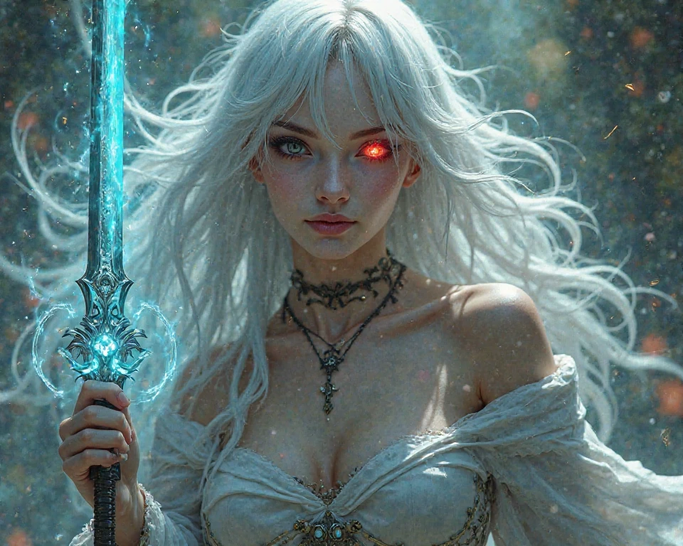 white forest in background, colorful design , Aurora, mythical, erotic pose, pore white hair, small tits, big eyes, body covered with tattoo, red lips, erotic, dark light,, white dress,glowing light