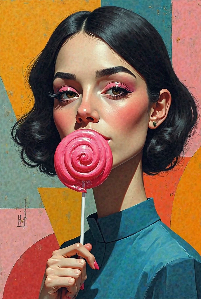 Cubist portrait of a woman with a lollipop